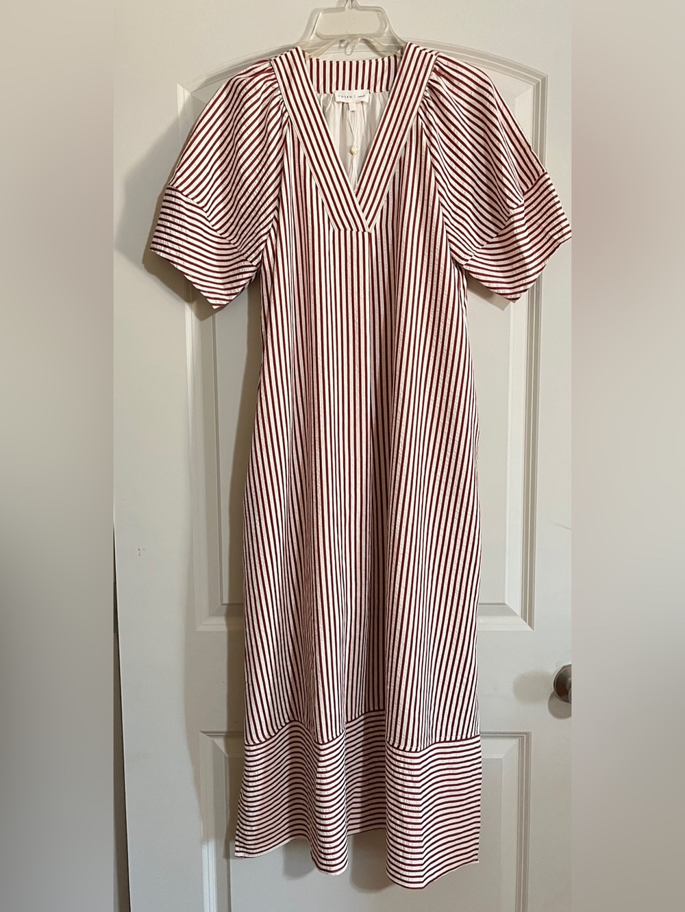Entro Stripe Lantern Sleeve Midi Dress Burgundy White Size S NWT